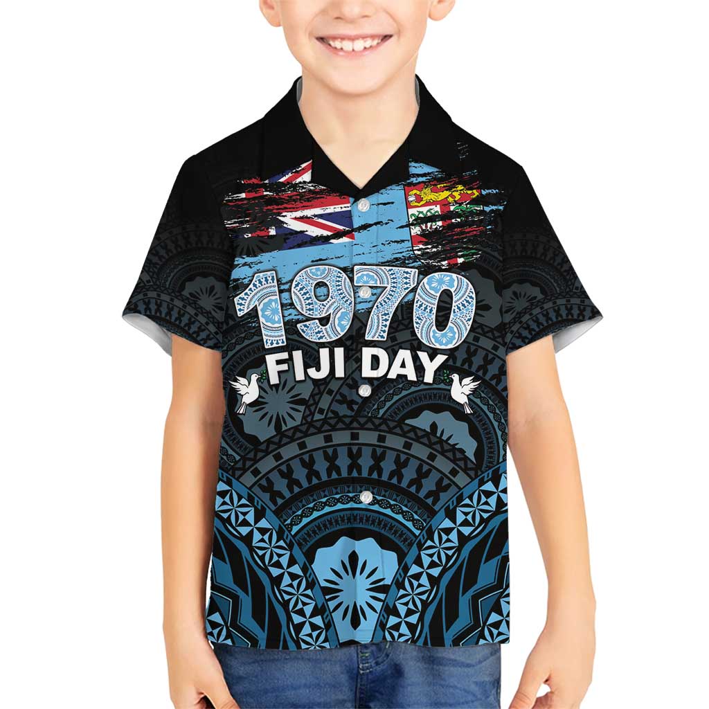 Personalised Happy Fiji Day 1970 Family Matching Off Shoulder Maxi Dress and Hawaiian Shirt Flag Grunge Style LT05 Son's Shirt Black - Polynesian Pride