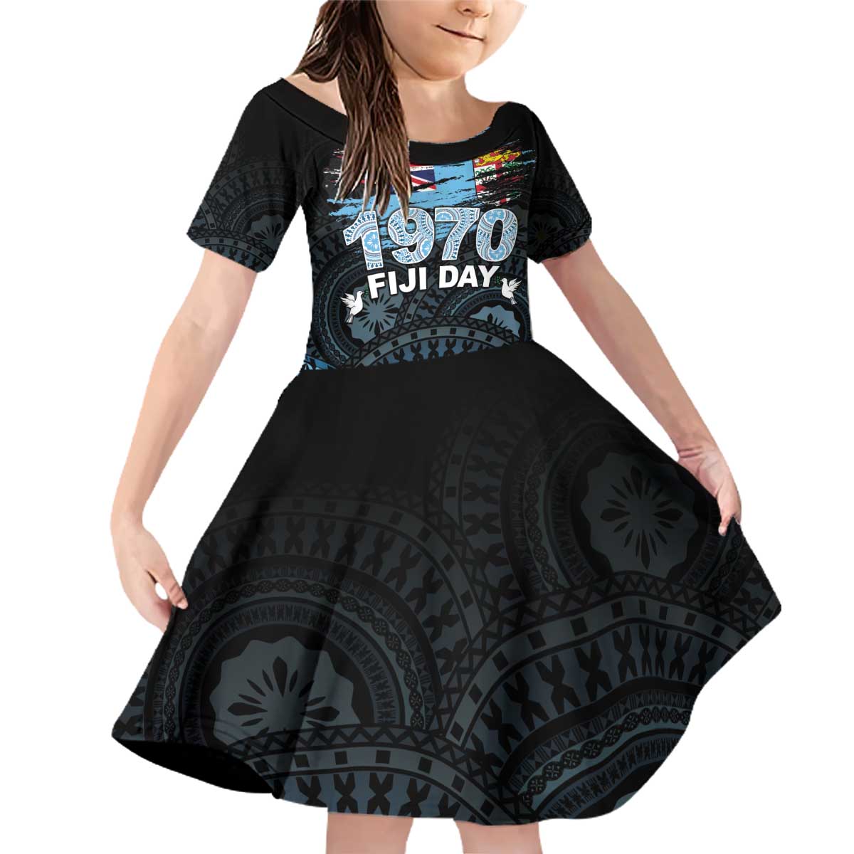 Personalised Happy Fiji Day 1970 Family Matching Off Shoulder Short Dress and Hawaiian Shirt Flag Grunge Style LT05 Daughter's Dress Black - Polynesian Pride