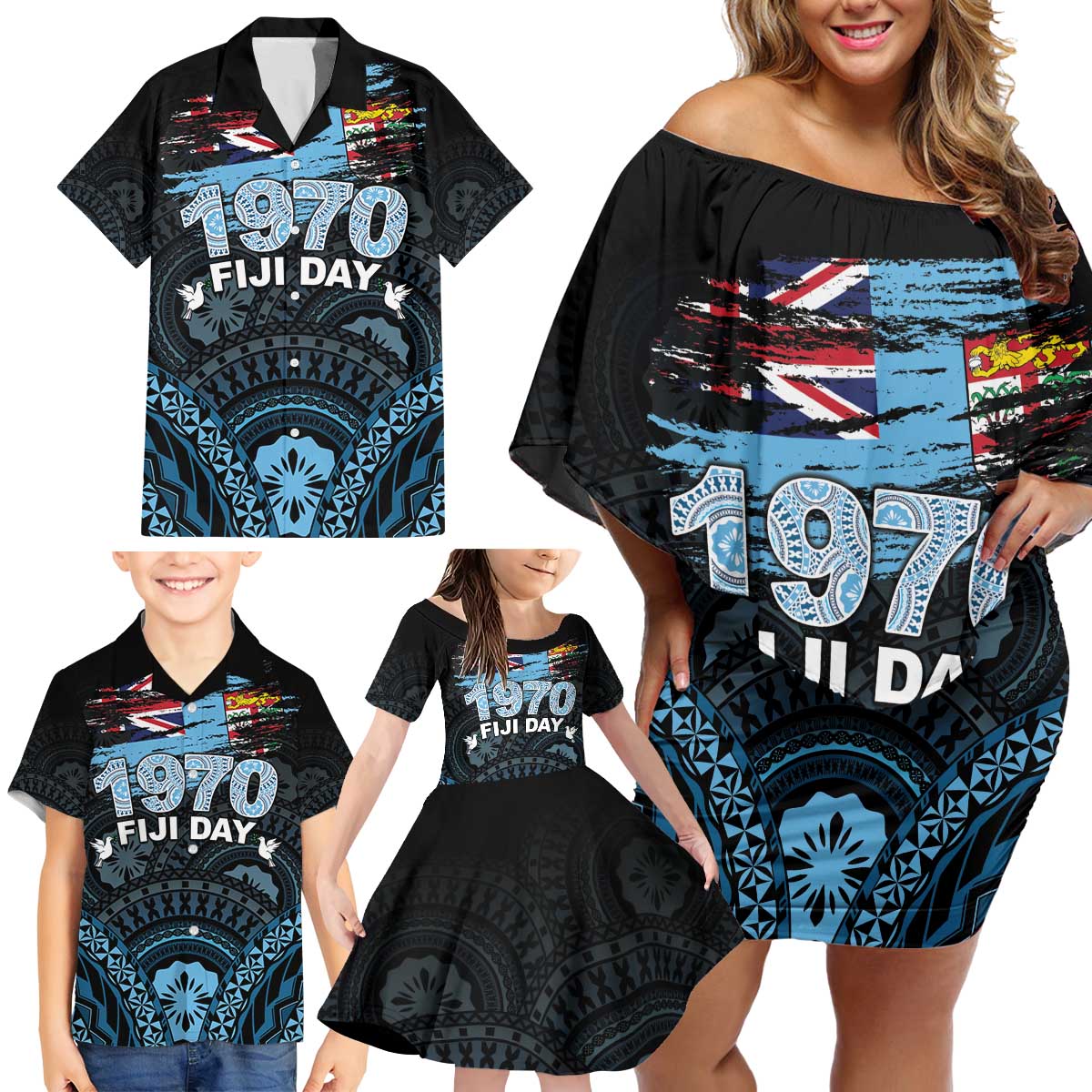 Personalised Happy Fiji Day 1970 Family Matching Off Shoulder Short Dress and Hawaiian Shirt Flag Grunge Style LT05 - Polynesian Pride