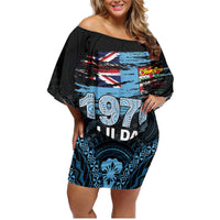 Personalised Happy Fiji Day 1970 Family Matching Off Shoulder Short Dress and Hawaiian Shirt Flag Grunge Style LT05 Mom's Dress Black - Polynesian Pride