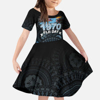 Personalised Happy Fiji Day 1970 Family Matching Puletasi and Hawaiian Shirt Flag Grunge Style LT05 Daughter's Dress Black - Polynesian Pride