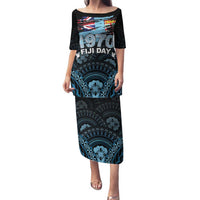 Personalised Happy Fiji Day 1970 Family Matching Puletasi and Hawaiian Shirt Flag Grunge Style LT05 Mom's Dress Black - Polynesian Pride