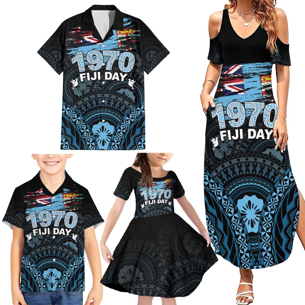 Personalised Happy Fiji Day 1970 Family Matching Summer Maxi Dress and Hawaiian Shirt Flag Grunge Style LT05 - Polynesian Pride