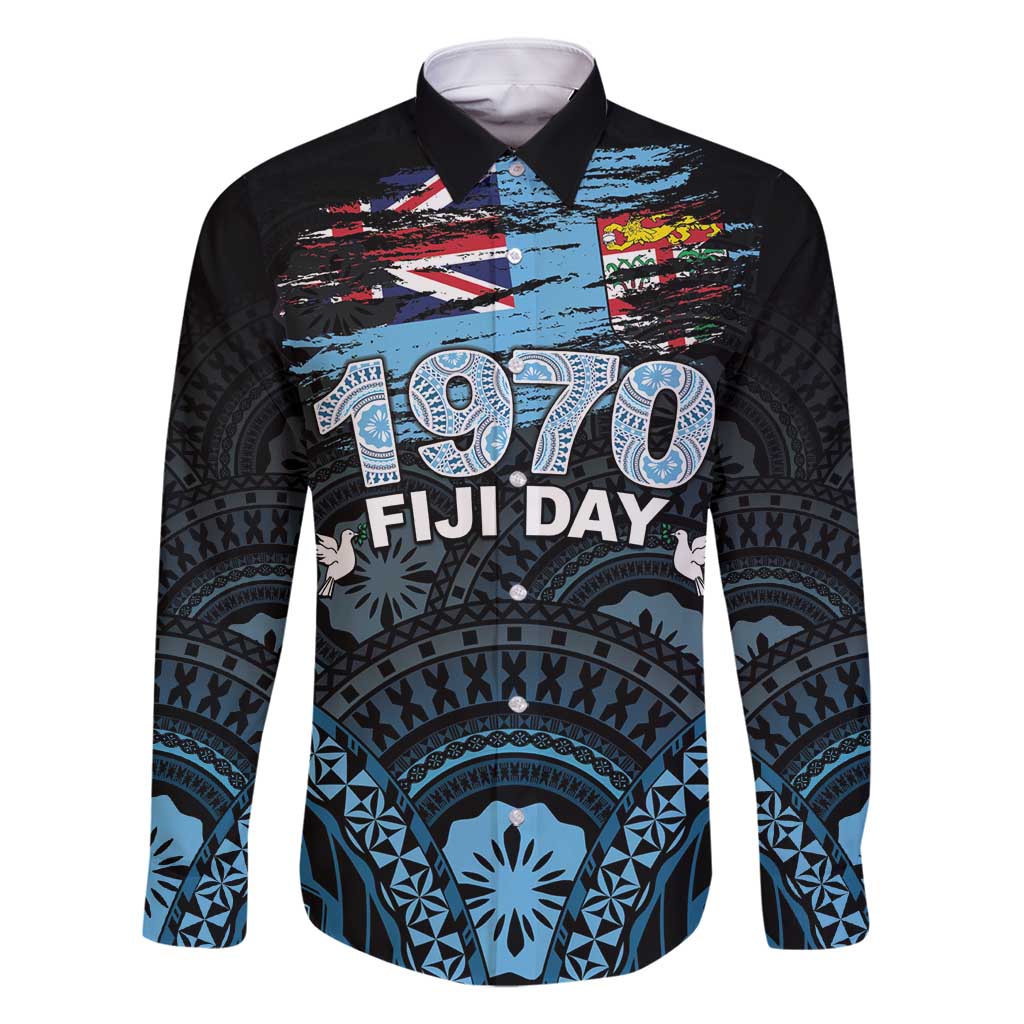 Personalised Happy Fiji Day 1970 Family Matching Summer Maxi Dress and Hawaiian Shirt Flag Grunge Style LT05 Dad's Shirt - Long Sleeve Black - Polynesian Pride