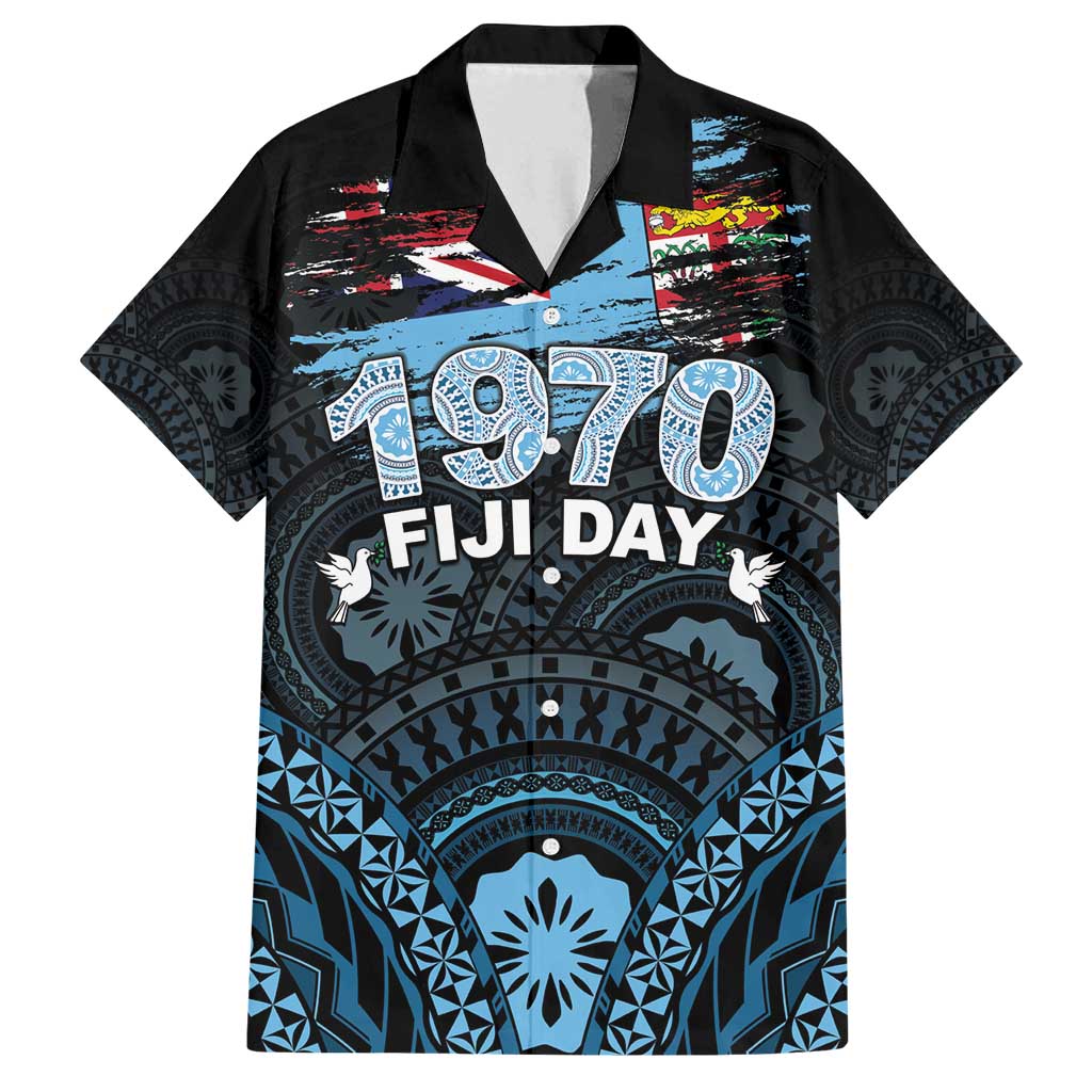 Personalised Happy Fiji Day 1970 Family Matching Tank Maxi Dress and Hawaiian Shirt Flag Grunge Style LT05 Dad's Shirt - Short Sleeve Black - Polynesian Pride