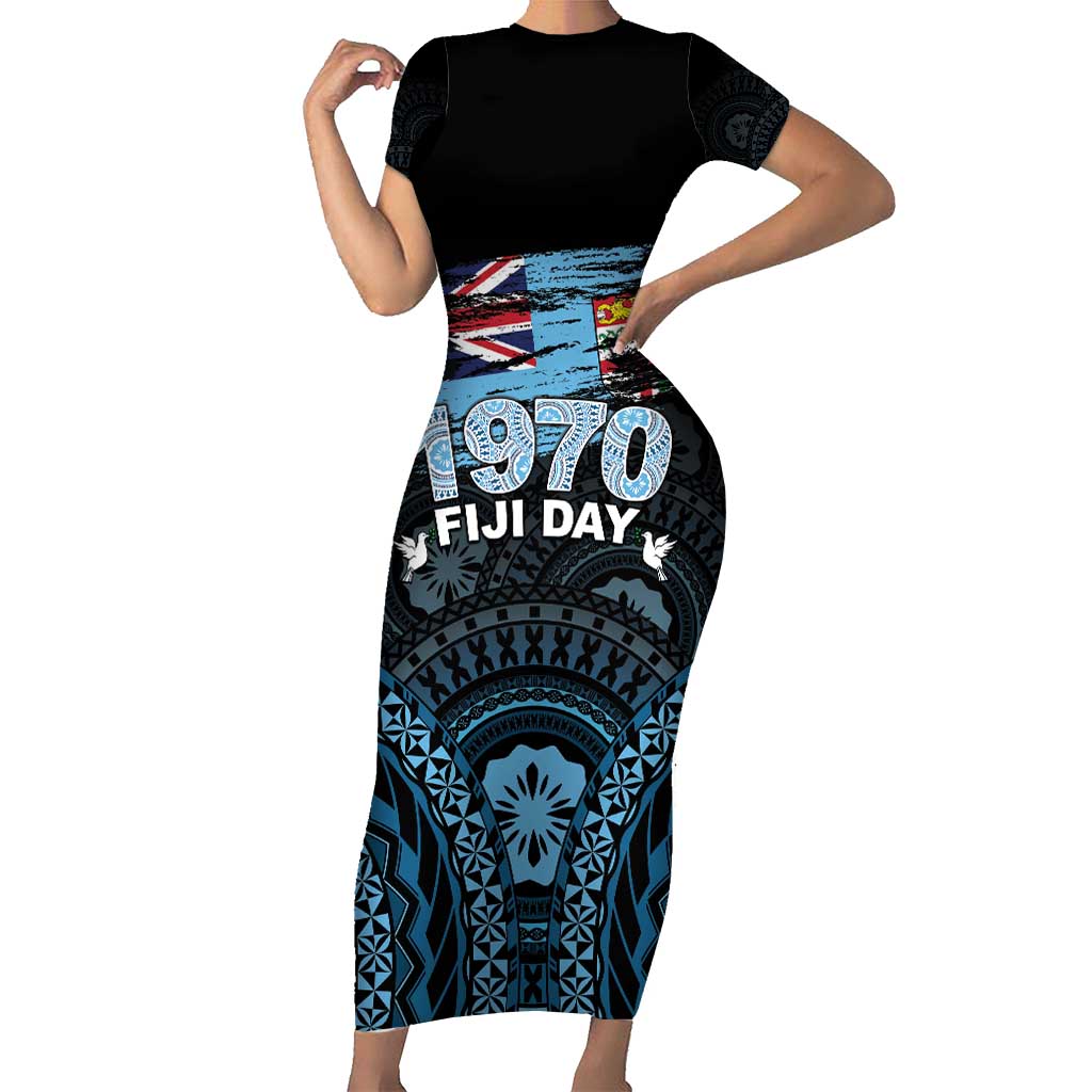 Personalised Happy Fiji Day 1970 Short Sleeve Bodycon Dress Flag Grunge Style LT05 Long Dress Black - Polynesian Pride