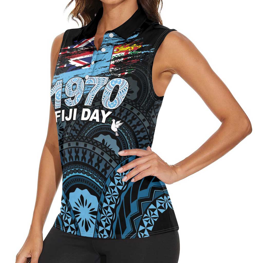Personalised Happy Fiji Day 1970 Women Sleeveless Polo Shirt Flag Grunge Style LT05 - Polynesian Pride