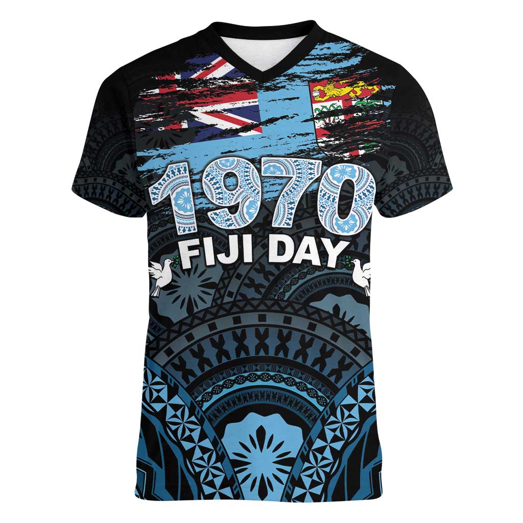 Personalised Happy Fiji Day 1970 Women V-Neck T-Shirt Flag Grunge Style LT05 Female Black - Polynesian Pride