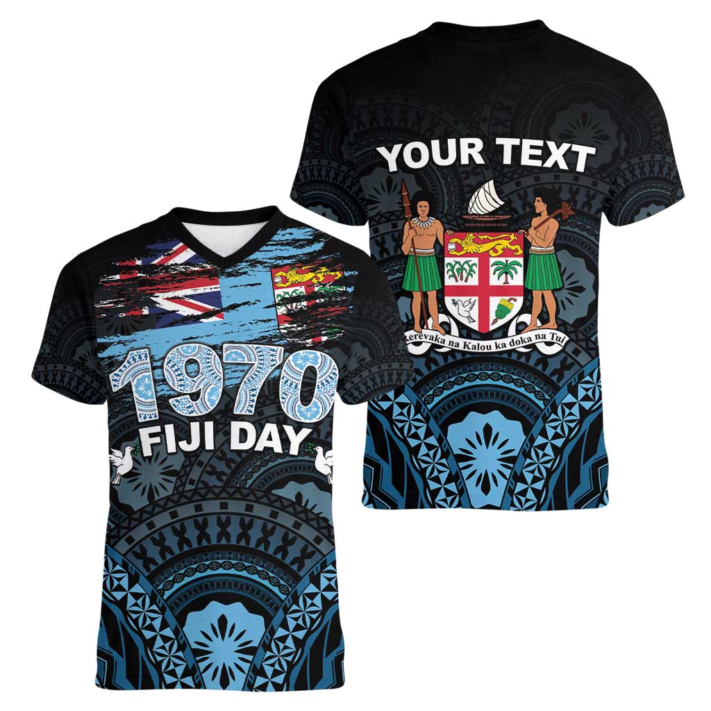 Personalised Happy Fiji Day 1970 Women V-Neck T-Shirt Flag Grunge Style LT05 - Polynesian Pride