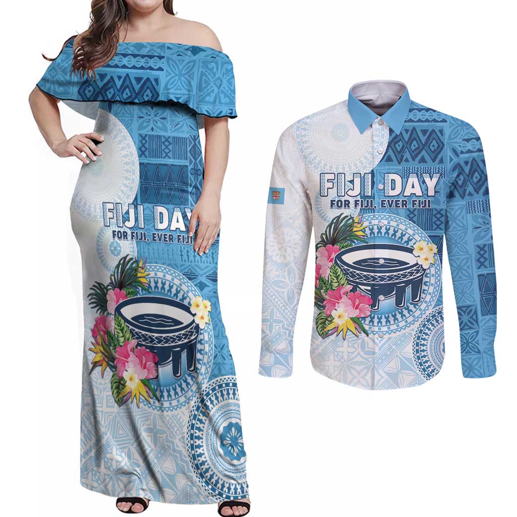 Fiji Day Couples Matching Off Shoulder Maxi Dress and Long Sleeve Button Shirt Proud To Be Fijian LT05 Blue - Polynesian Pride