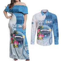 Fiji Day Couples Matching Off Shoulder Maxi Dress and Long Sleeve Button Shirt Proud To Be Fijian LT05 Blue - Polynesian Pride