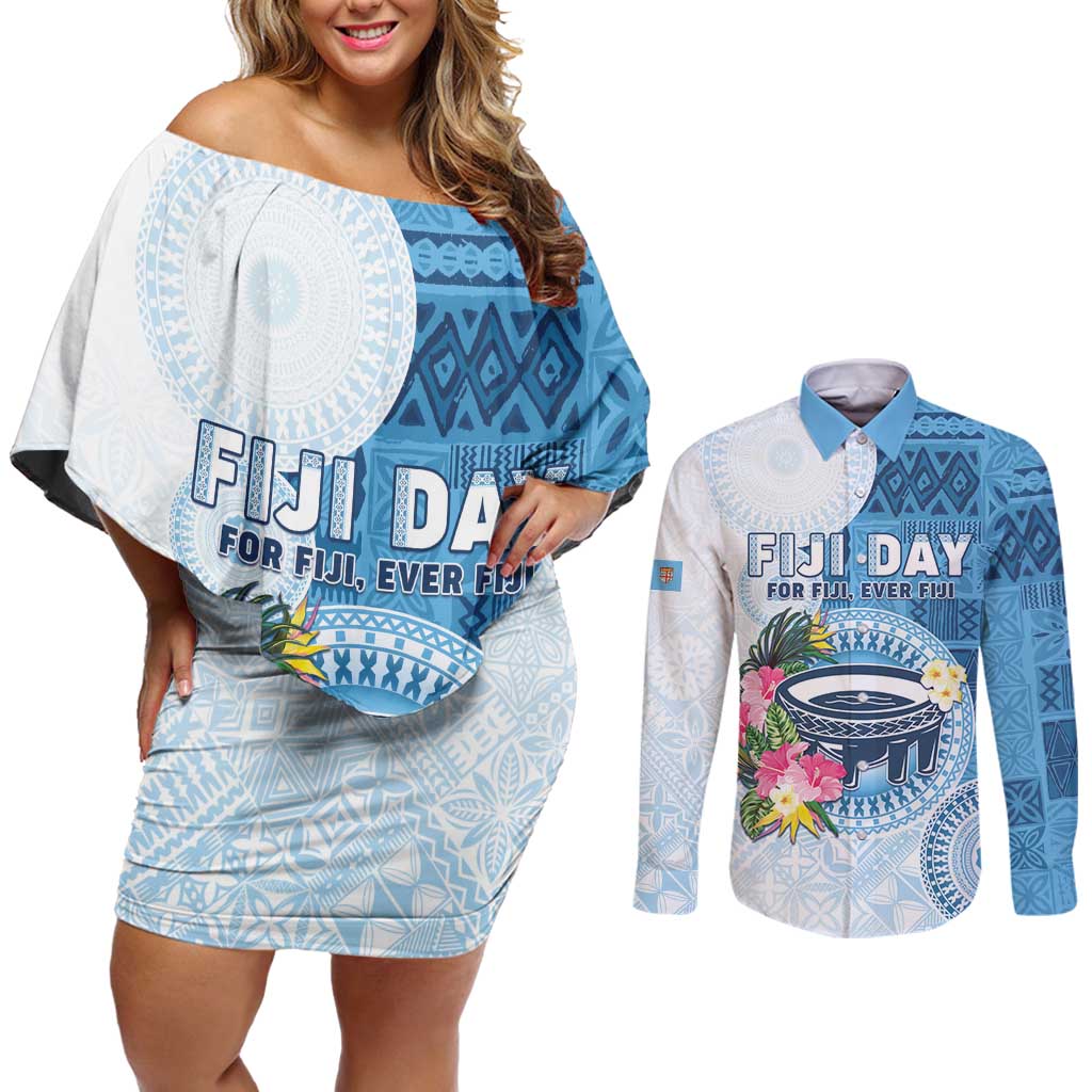 Fiji Day Couples Matching Off Shoulder Short Dress and Long Sleeve Button Shirt Proud To Be Fijian LT05 Blue - Polynesian Pride