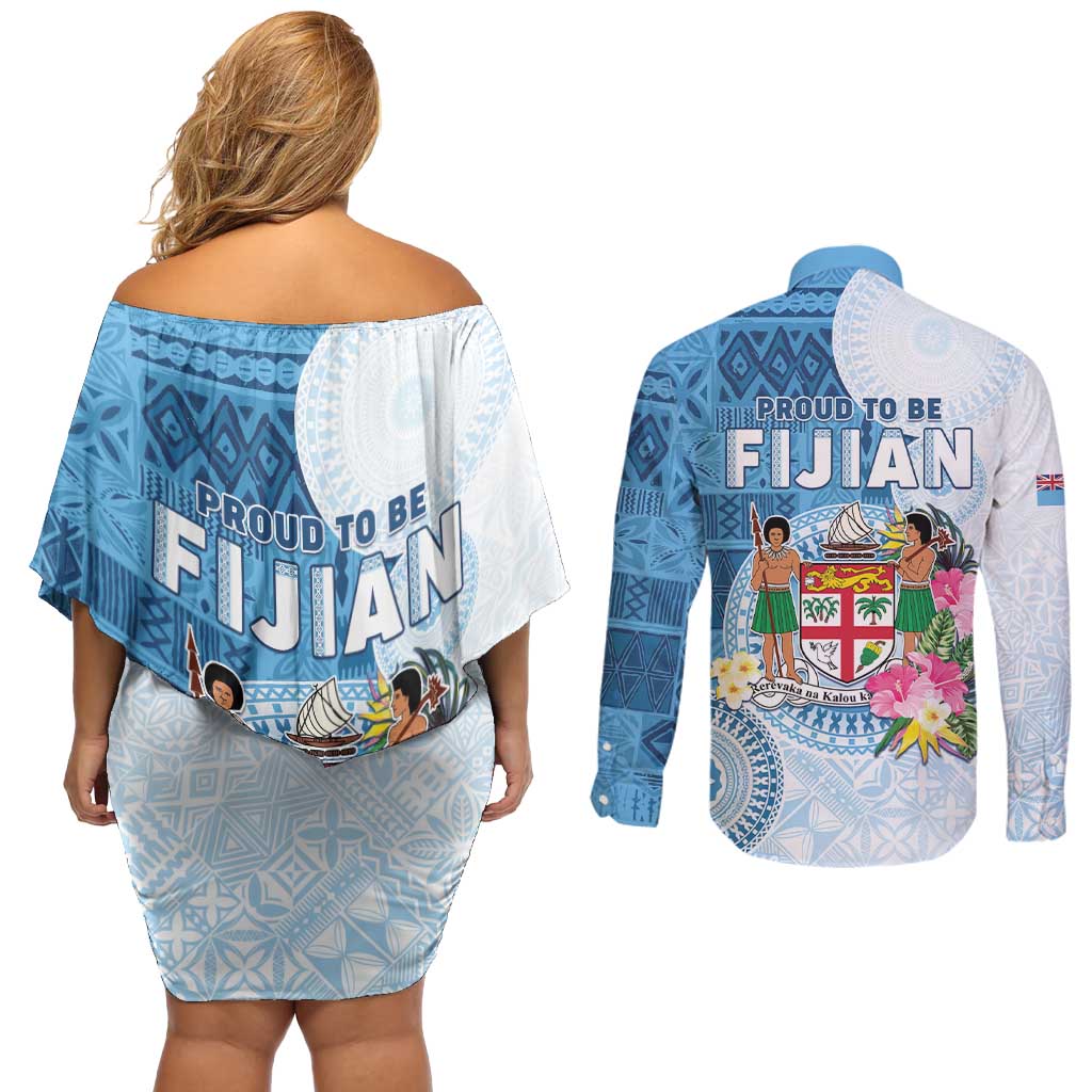 Fiji Day Couples Matching Off Shoulder Short Dress and Long Sleeve Button Shirt Proud To Be Fijian LT05 - Polynesian Pride