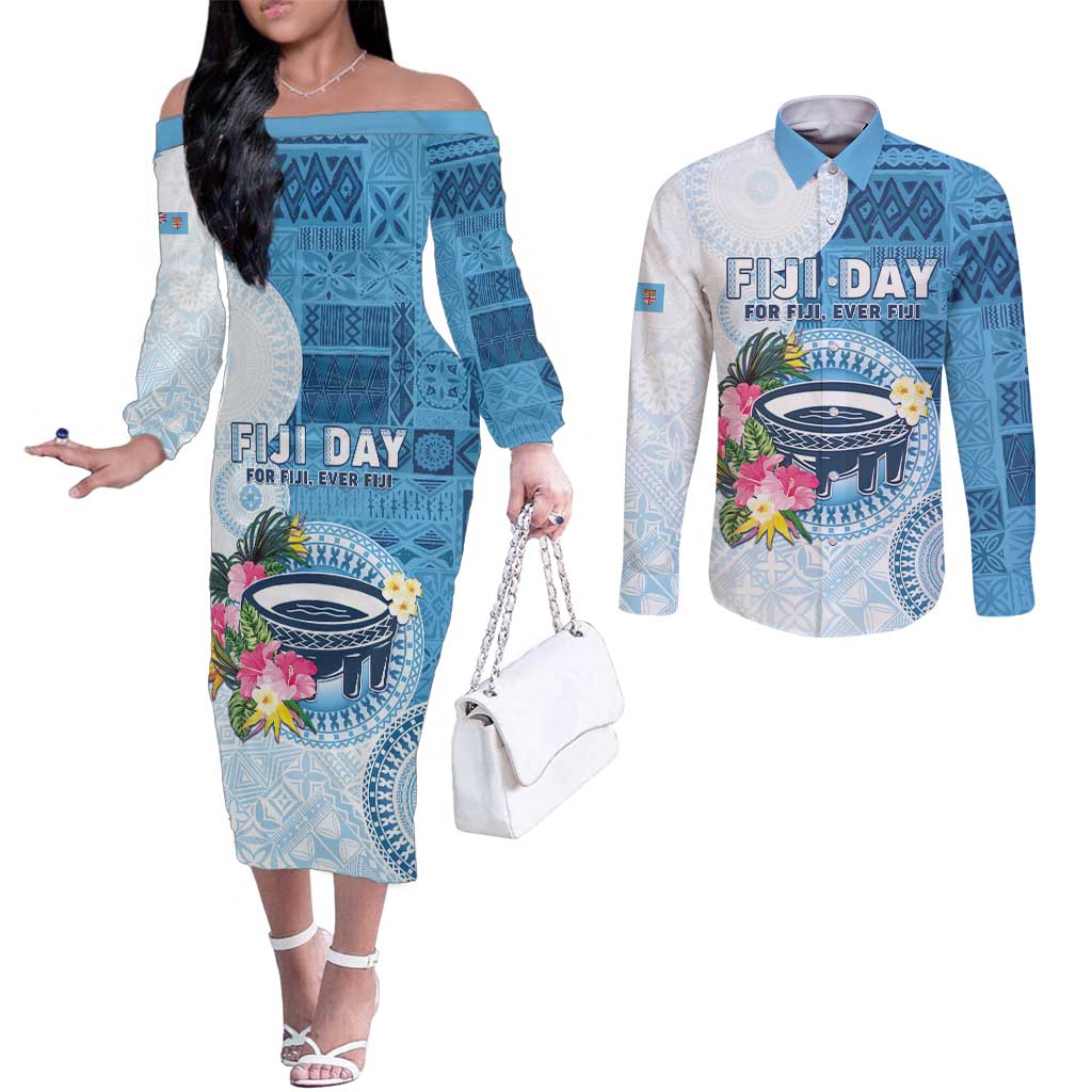 Fiji Day Couples Matching Off The Shoulder Long Sleeve Dress and Long Sleeve Button Shirt Proud To Be Fijian LT05 Blue - Polynesian Pride