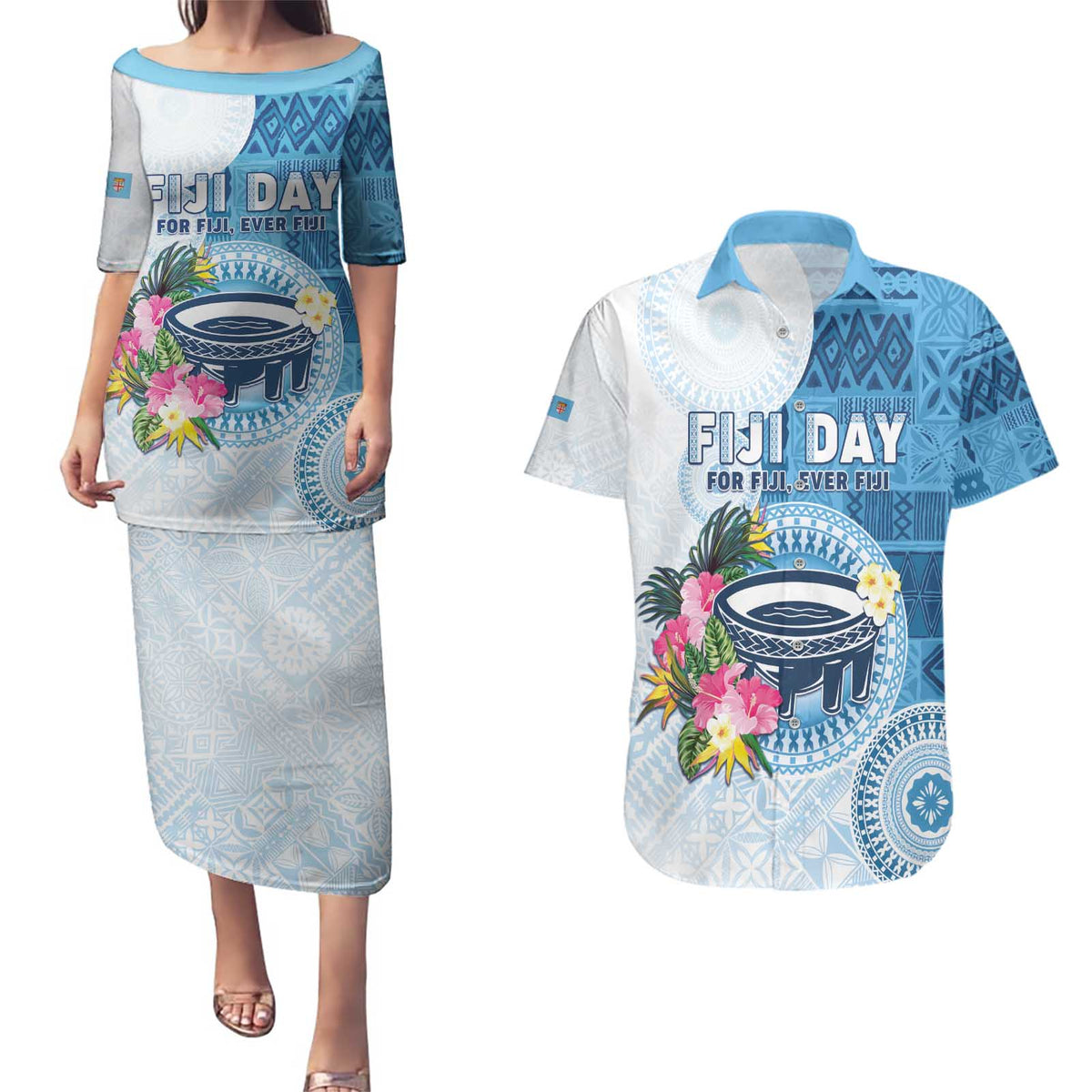 Fiji Day Couples Matching Puletasi and Hawaiian Shirt Proud To Be Fijian LT05 Blue - Polynesian Pride