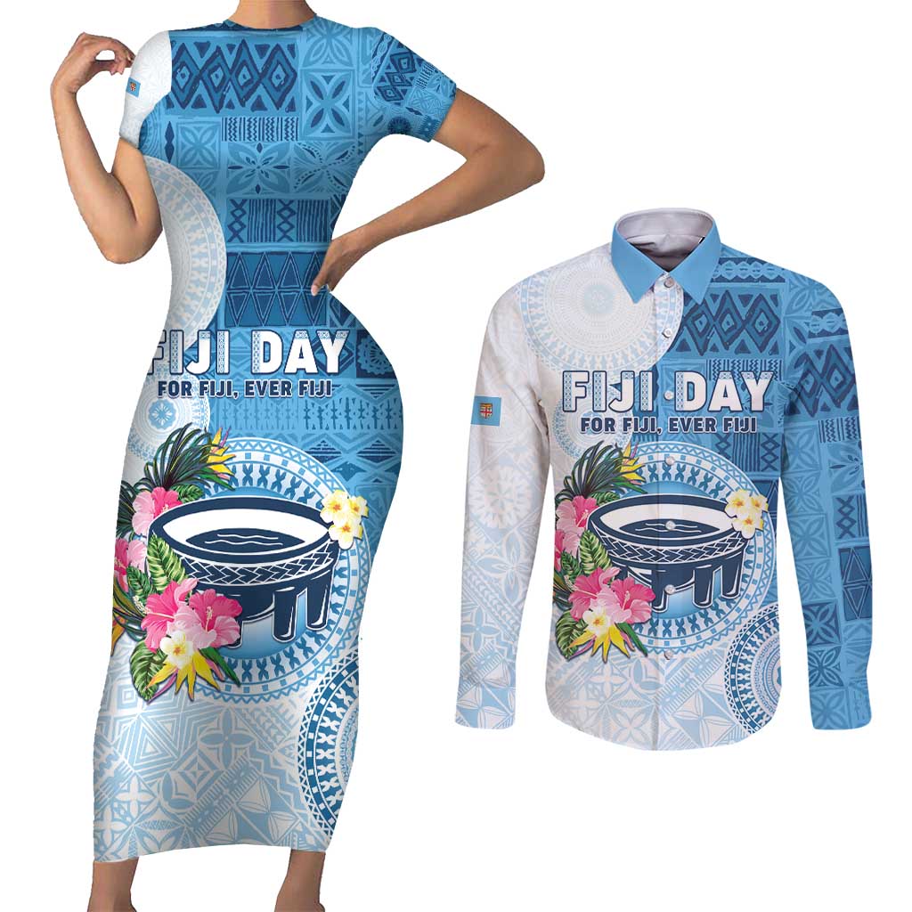 Fiji Day Couples Matching Short Sleeve Bodycon Dress and Long Sleeve Button Shirt Proud To Be Fijian LT05 Blue - Polynesian Pride