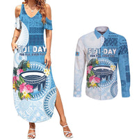 Fiji Day Couples Matching Summer Maxi Dress and Long Sleeve Button Shirt Proud To Be Fijian LT05 Blue - Polynesian Pride
