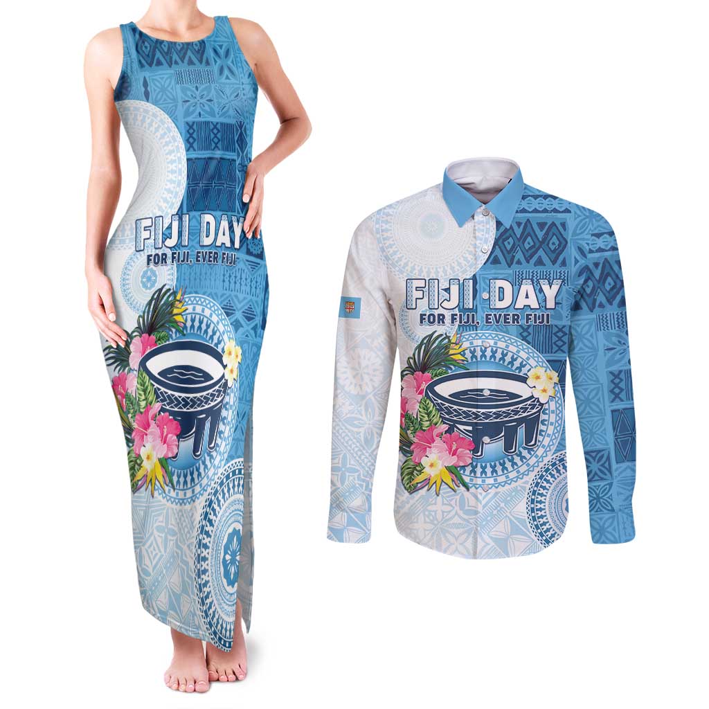 Fiji Day Couples Matching Tank Maxi Dress and Long Sleeve Button Shirt Proud To Be Fijian LT05 Blue - Polynesian Pride