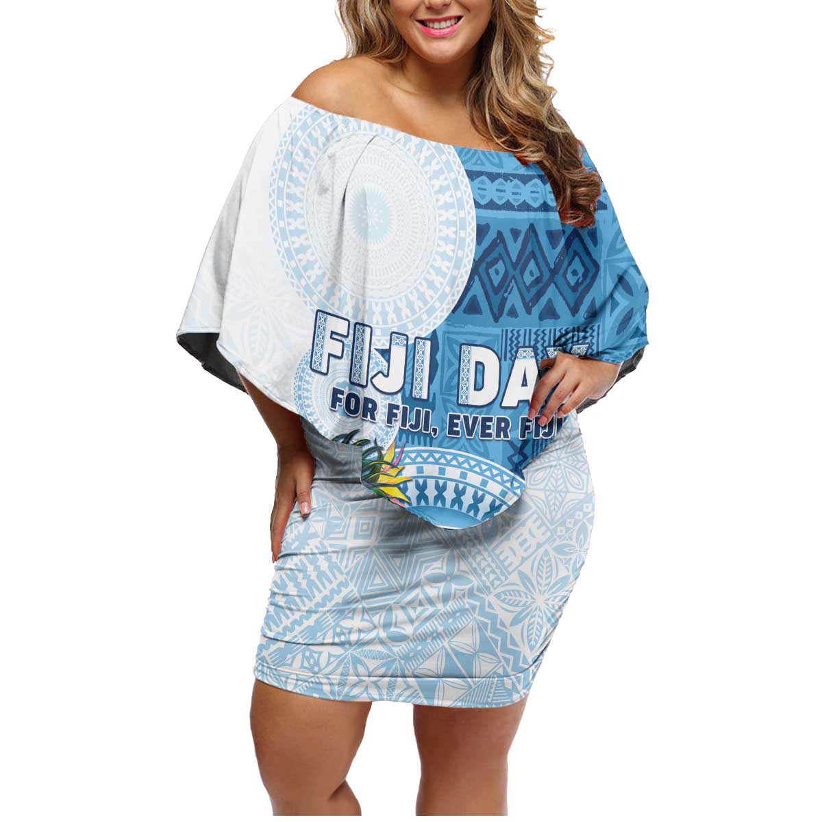 Fiji Day Family Matching Off Shoulder Short Dress and Hawaiian Shirt Proud To Be Fijian LT05 Mom's Dress Blue - Polynesian Pride