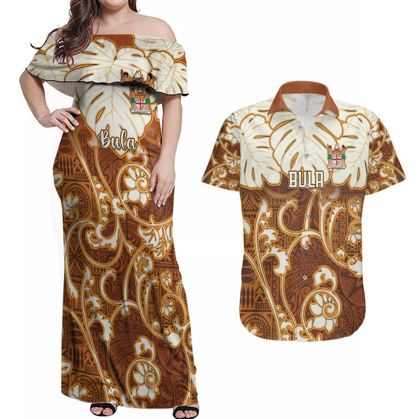 Personalized Fiji Spring Break Couples Matching Off Shoulder Maxi Dress and Hawaiian Shirt Fijian Tapa Pattern Brown LT05 Brown - Polynesian Pride
