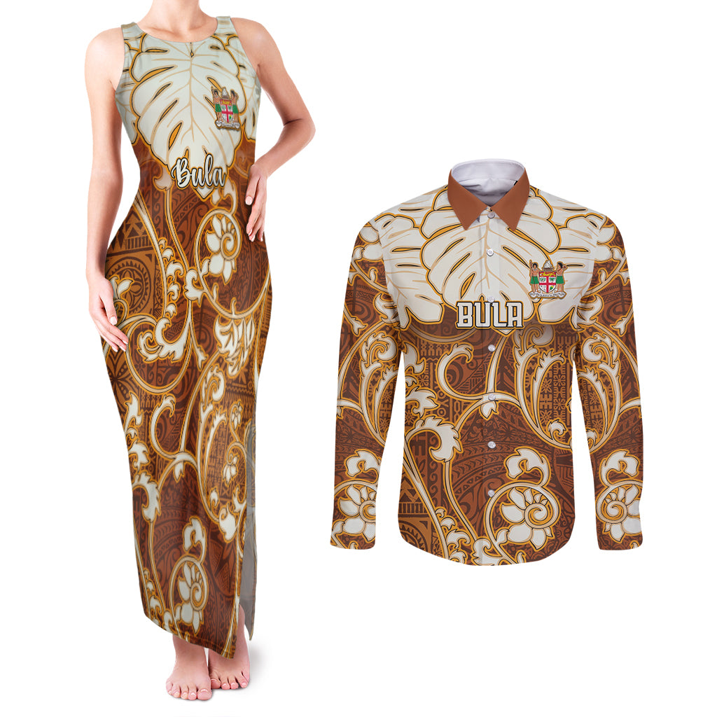 Personalized Fiji Spring Break Couples Matching Tank Maxi Dress and Long Sleeve Button Shirts Fijian Tapa Pattern Brown LT05 Brown - Polynesian Pride