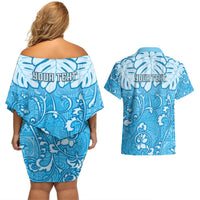 Personalized Fiji Spring Break Couples Matching Off Shoulder Short Dress and Hawaiian Shirt Fijian Tapa Pattern Blue LT05 - Polynesian Pride