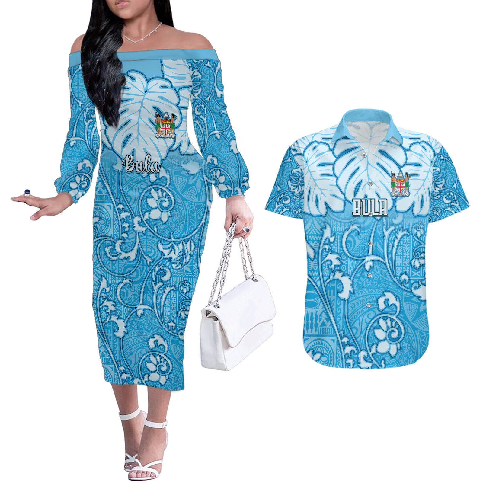 Personalized Fiji Spring Break Couples Matching Off The Shoulder Long Sleeve Dress and Hawaiian Shirt Fijian Tapa Pattern Blue LT05 Blue - Polynesian Pride