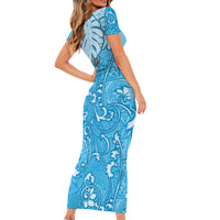 Personalized Fiji Spring Break Family Matching Short Sleeve Bodycon Dress and Hawaiian Shirt Fijian Tapa Pattern Blue LT05 - Polynesian Pride