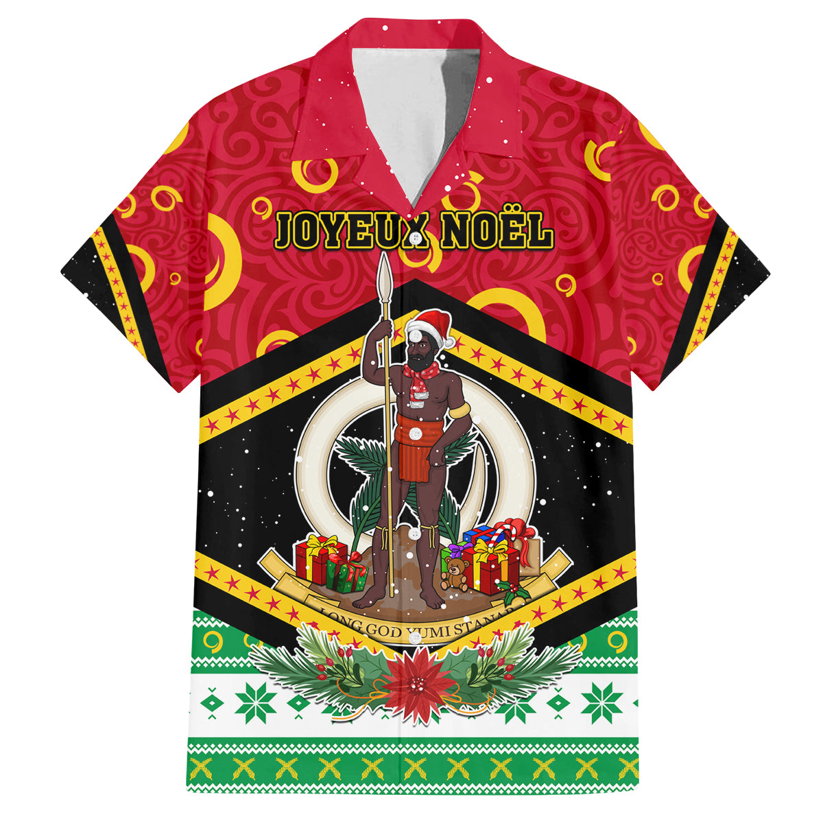 Personalized Vanuatu Christmas Family Matching Off Shoulder Long Sleeve Dress and Hawaiian Shirt Santa God Yumi LT05 Dad's Shirt - Short Sleeve Red - Polynesian Pride