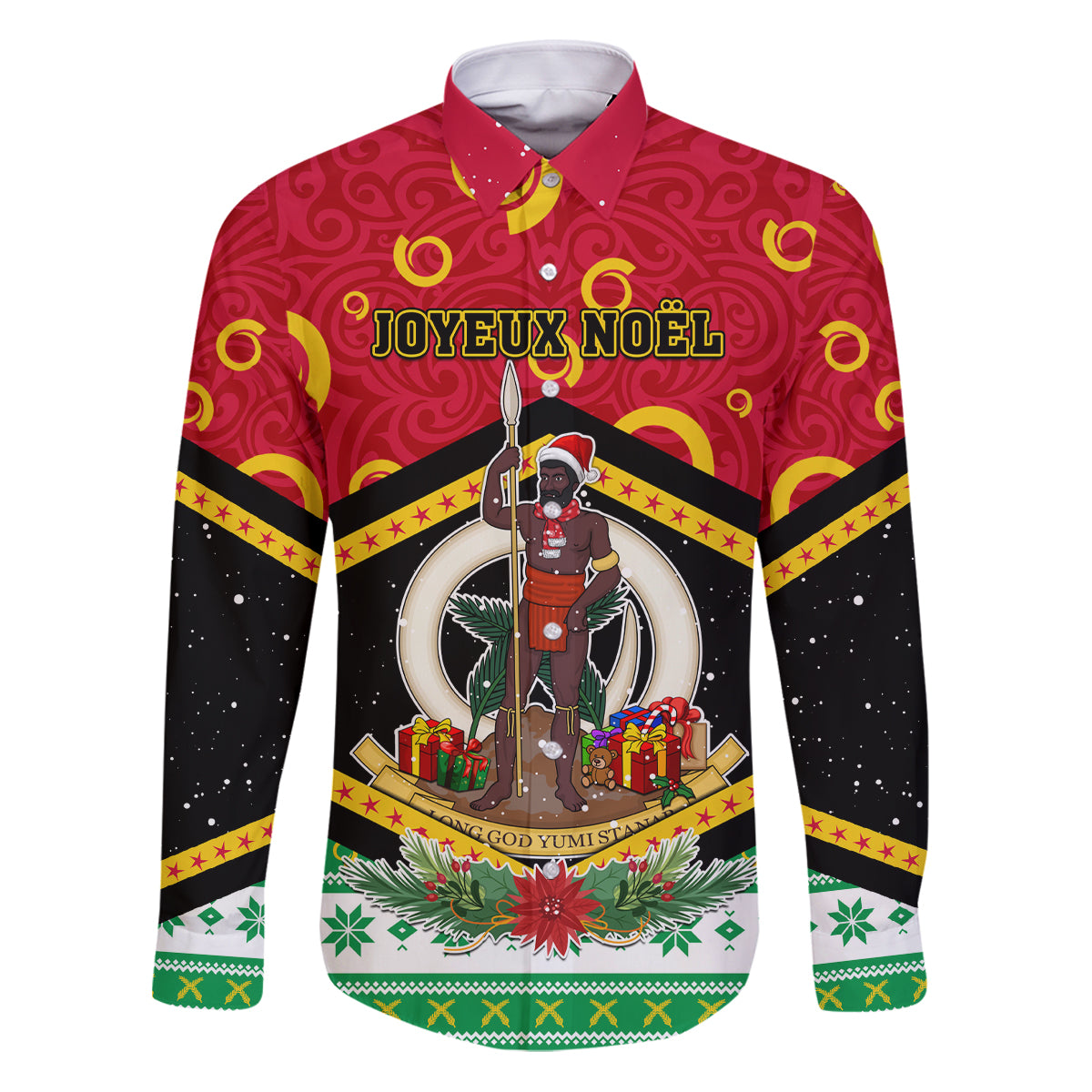 Personalized Vanuatu Christmas Family Matching Puletasi Dress and Hawaiian Shirt Santa God Yumi LT05 Dad's Shirt - Long Sleeve Red - Polynesian Pride