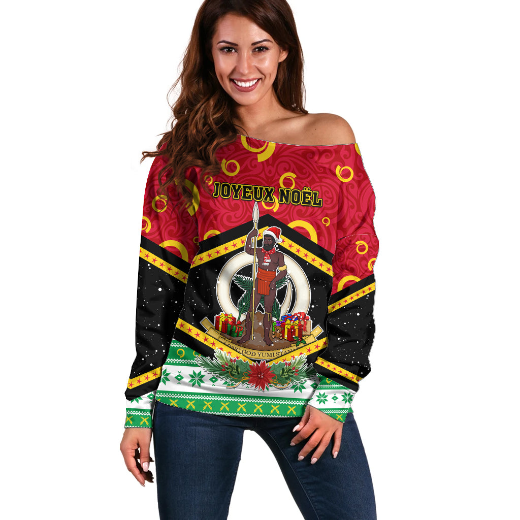 Personalized Vanuatu Christmas Off Shoulder Sweater Santa God Yumi LT05 Women Red - Polynesian Pride