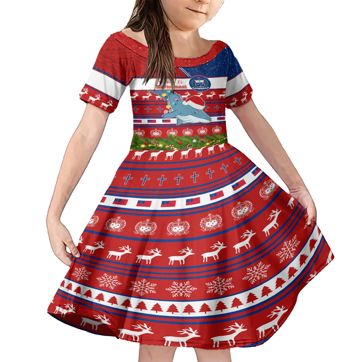 Personalized Samoa Christmas Family Matching Off Shoulder Maxi Dress and Hawaiian Shirt Santas Whale Manuia Le Kerisimasi LT05 Daughter's Dress Red - Polynesian Pride