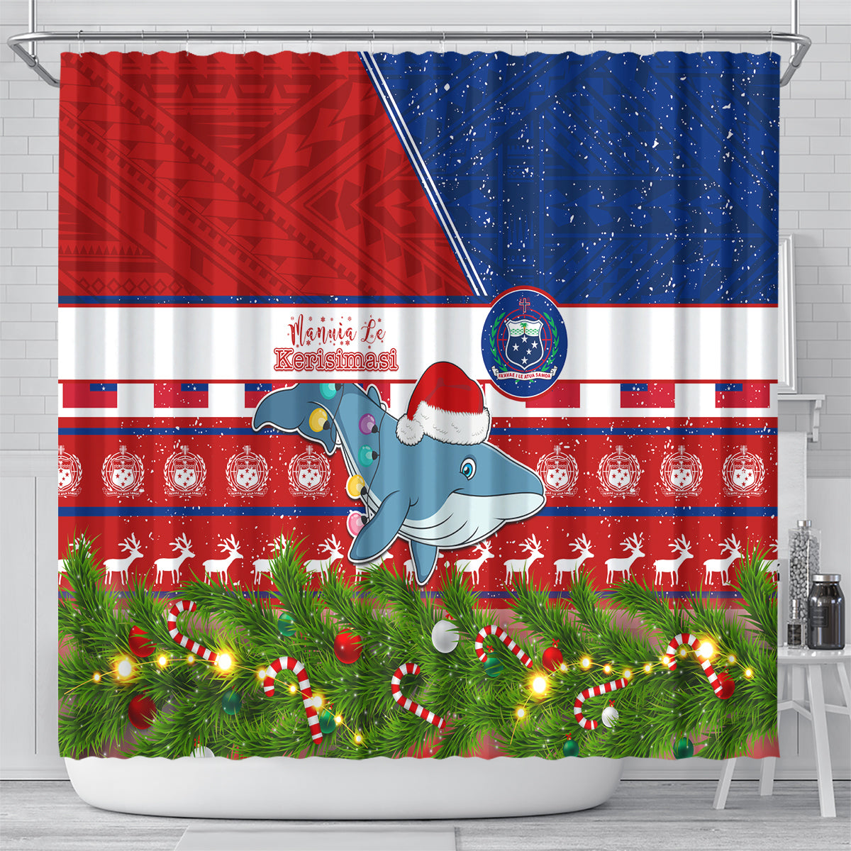 Samoa Christmas Shower Curtain Santas Whale Manuia Le Kerisimasi LT05 - Polynesian Pride