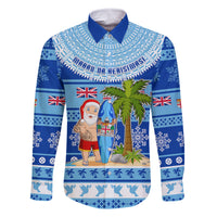 Personalized Fiji Christmas Family Matching Off Shoulder Long Sleeve Dress and Hawaiian Shirt Santa Claus Surf Marau Na Kerisimasi LT05 Dad's Shirt - Long Sleeve Blue - Polynesian Pride