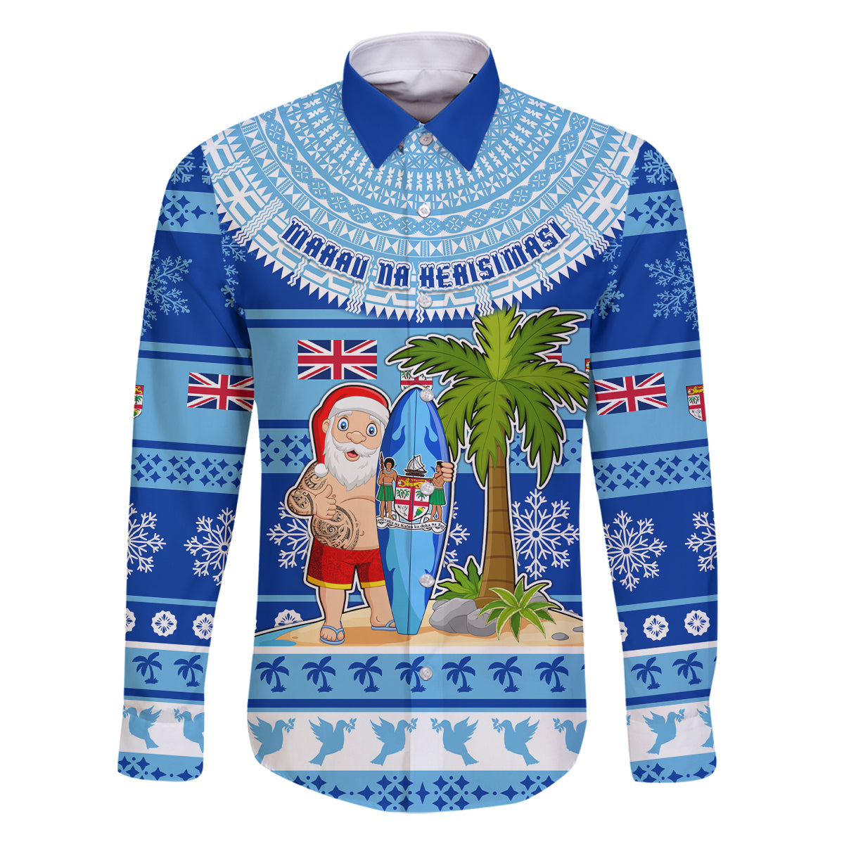 Personalized Fiji Christmas Family Matching Off Shoulder Short Dress and Hawaiian Shirt Santa Claus Surf Marau Na Kerisimasi LT05 Dad's Shirt - Long Sleeve Blue - Polynesian Pride