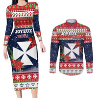 Wallis and Futuna Christmas Couples Matching Long Sleeve Bodycon Dress and Long Sleeve Button Shirt Poinsettia Joyeux Noel LT05 Red - Polynesian Pride