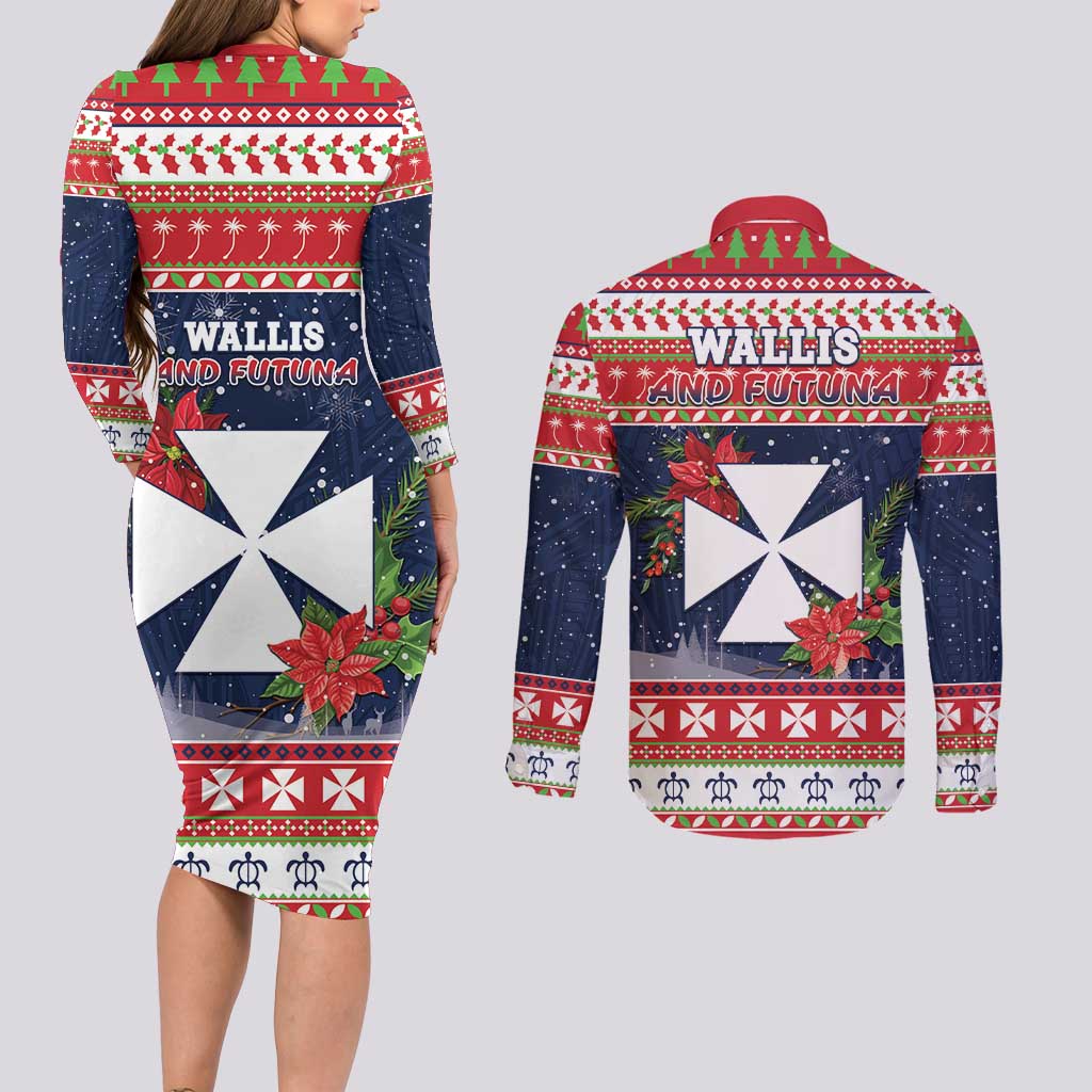 Wallis and Futuna Christmas Couples Matching Long Sleeve Bodycon Dress and Long Sleeve Button Shirt Poinsettia Joyeux Noel LT05 - Polynesian Pride