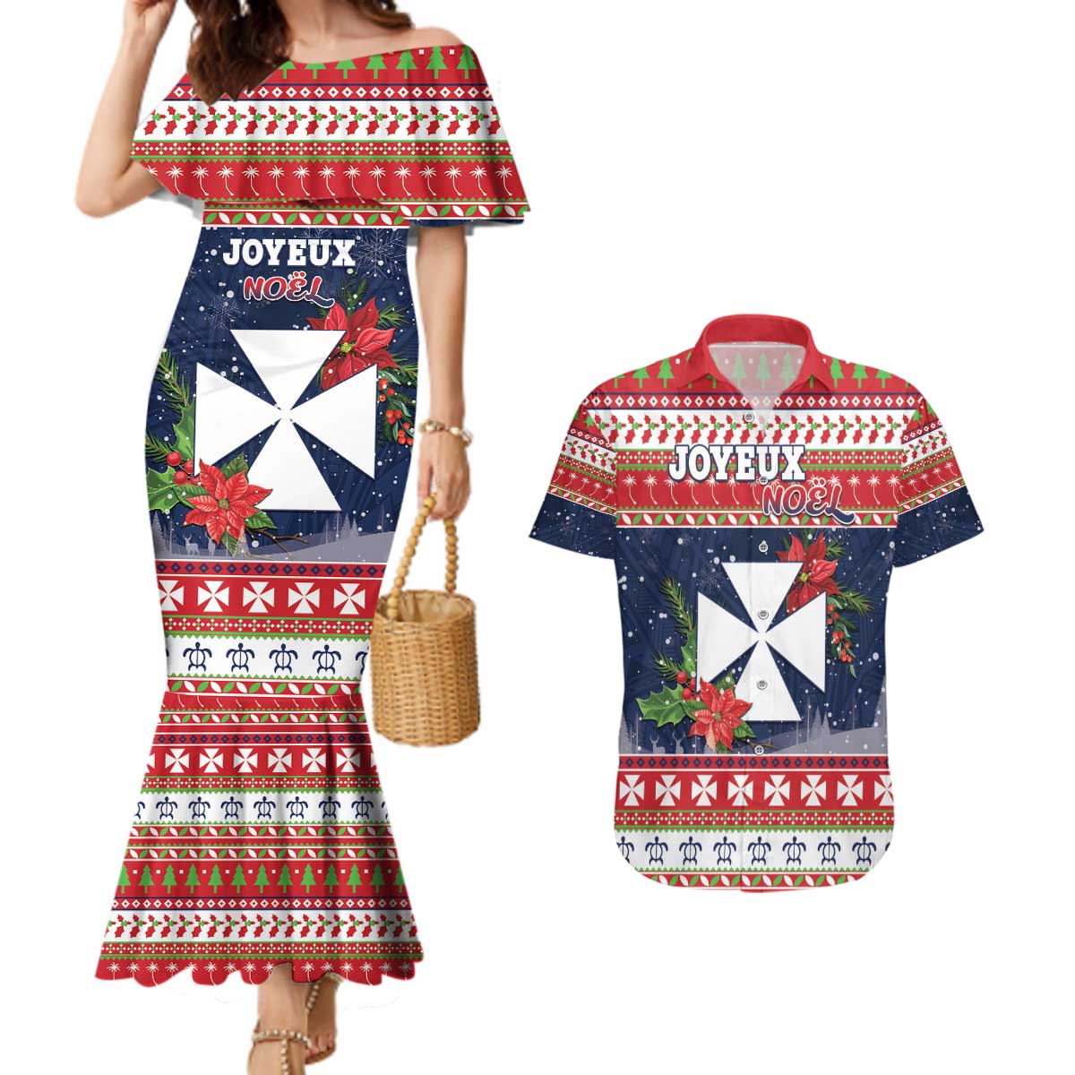 Wallis and Futuna Christmas Couples Matching Mermaid Dress and Hawaiian Shirt Poinsettia Joyeux Noel LT05 Red - Polynesian Pride