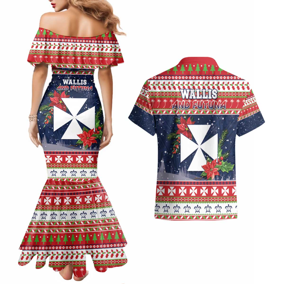 Wallis and Futuna Christmas Couples Matching Mermaid Dress and Hawaiian Shirt Poinsettia Joyeux Noel LT05 - Polynesian Pride