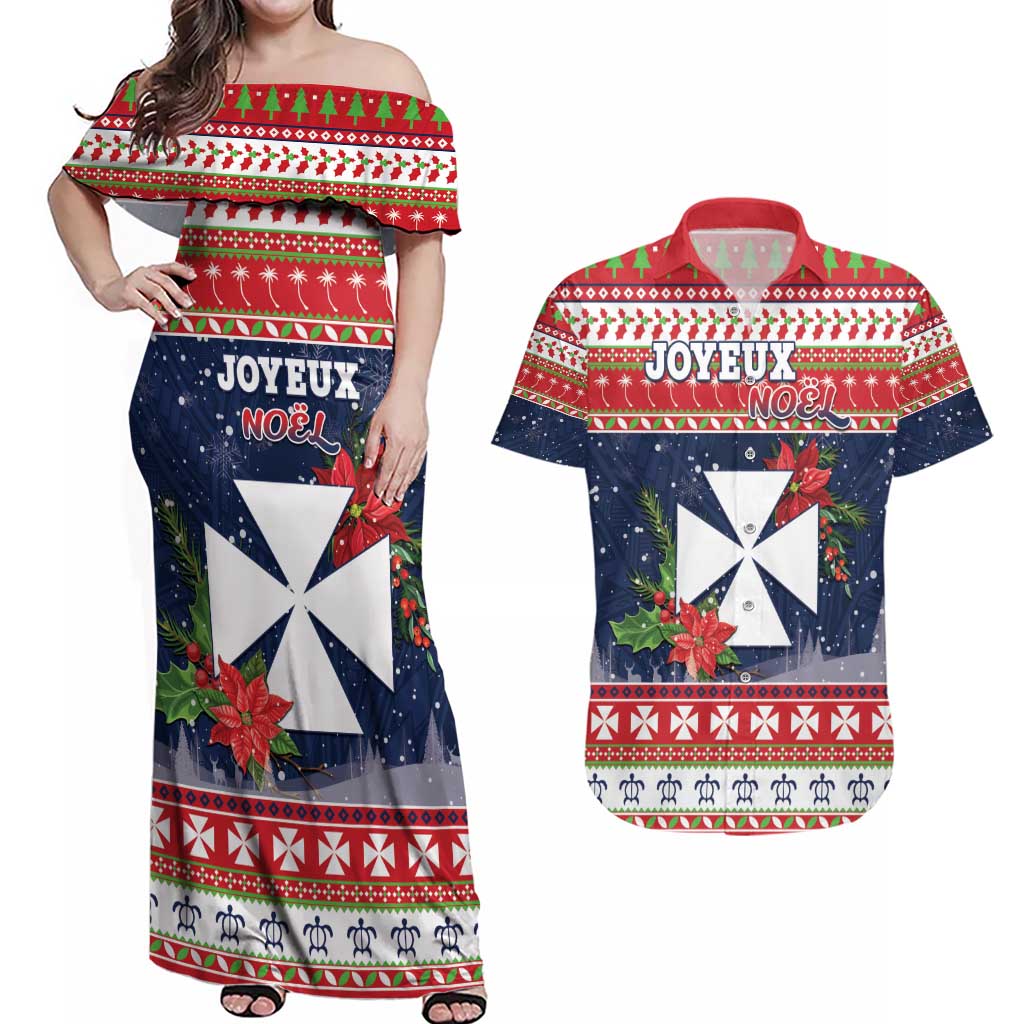 Wallis and Futuna Christmas Couples Matching Off Shoulder Maxi Dress and Hawaiian Shirt Poinsettia Joyeux Noel LT05 Red - Polynesian Pride