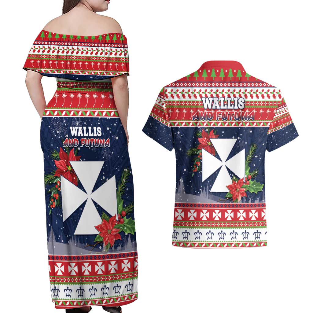 Wallis and Futuna Christmas Couples Matching Off Shoulder Maxi Dress and Hawaiian Shirt Poinsettia Joyeux Noel LT05 - Polynesian Pride
