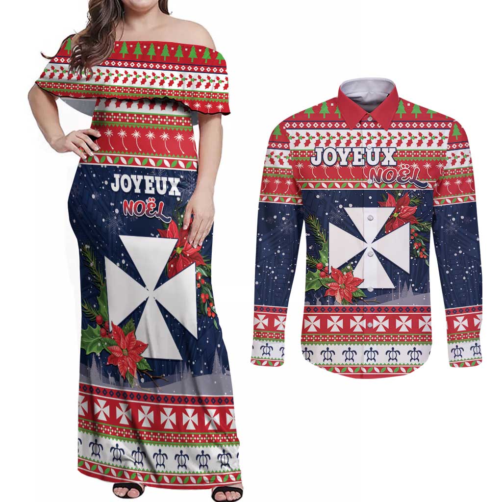 Wallis and Futuna Christmas Couples Matching Off Shoulder Maxi Dress and Long Sleeve Button Shirt Poinsettia Joyeux Noel LT05 Red - Polynesian Pride