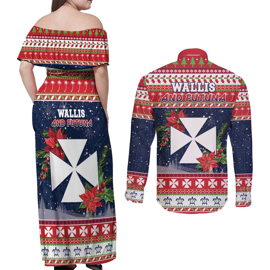 Wallis and Futuna Christmas Couples Matching Off Shoulder Maxi Dress and Long Sleeve Button Shirt Poinsettia Joyeux Noel LT05 - Polynesian Pride