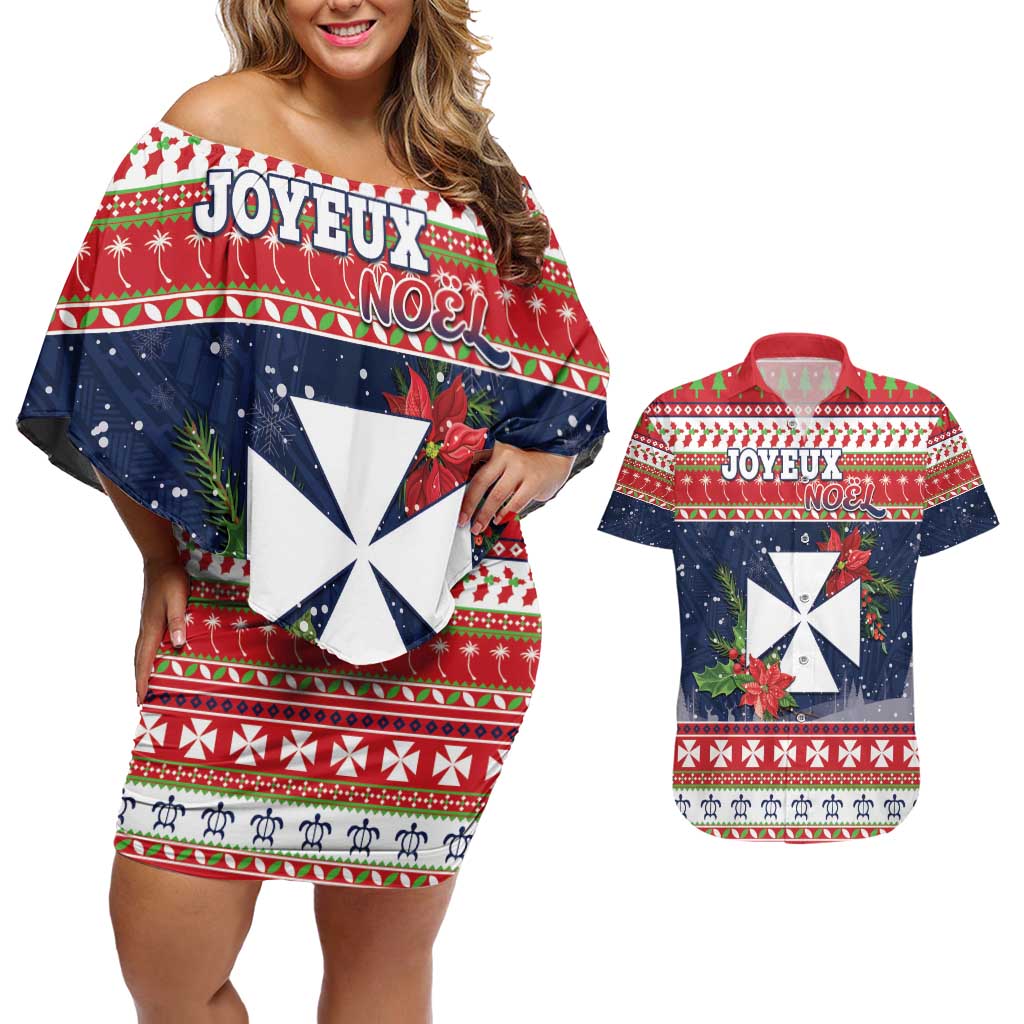 Wallis and Futuna Christmas Couples Matching Off Shoulder Short Dress and Hawaiian Shirt Poinsettia Joyeux Noel LT05 Red - Polynesian Pride