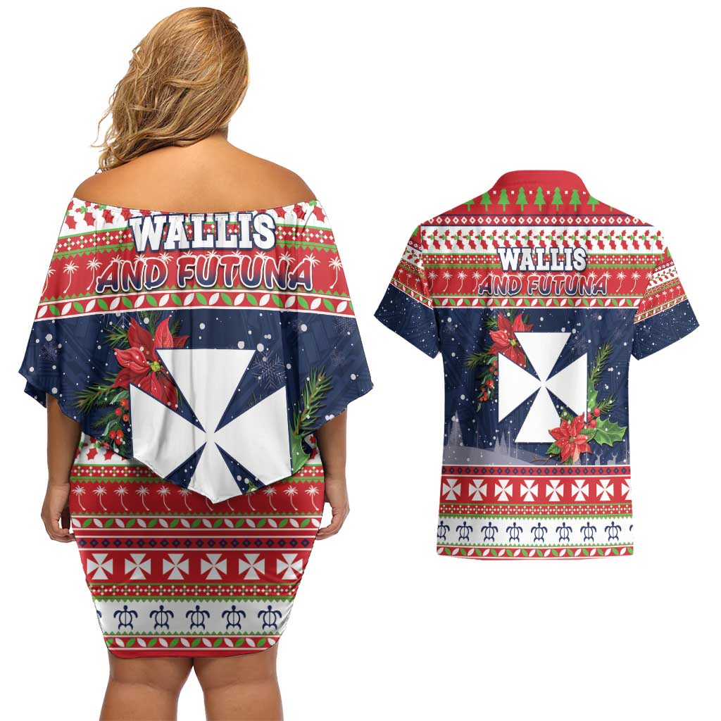 Wallis and Futuna Christmas Couples Matching Off Shoulder Short Dress and Hawaiian Shirt Poinsettia Joyeux Noel LT05 - Polynesian Pride