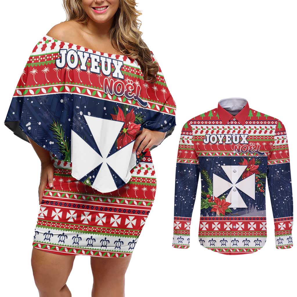 Wallis and Futuna Christmas Couples Matching Off Shoulder Short Dress and Long Sleeve Button Shirt Poinsettia Joyeux Noel LT05 Red - Polynesian Pride