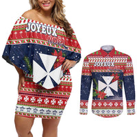 Wallis and Futuna Christmas Couples Matching Off Shoulder Short Dress and Long Sleeve Button Shirt Poinsettia Joyeux Noel LT05 Red - Polynesian Pride