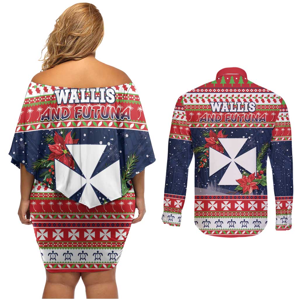 Wallis and Futuna Christmas Couples Matching Off Shoulder Short Dress and Long Sleeve Button Shirt Poinsettia Joyeux Noel LT05 - Polynesian Pride