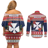 Wallis and Futuna Christmas Couples Matching Off Shoulder Short Dress and Long Sleeve Button Shirt Poinsettia Joyeux Noel LT05 - Polynesian Pride