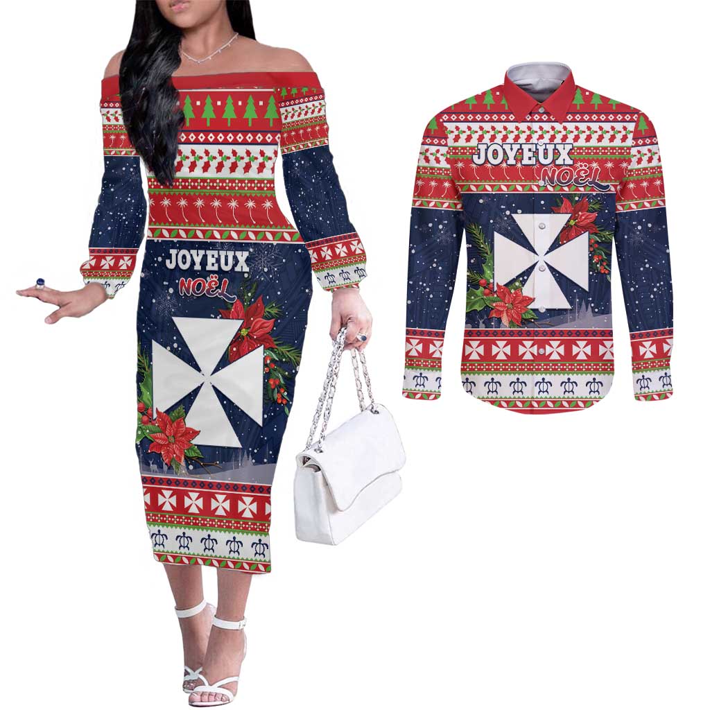 Wallis and Futuna Christmas Couples Matching Off The Shoulder Long Sleeve Dress and Long Sleeve Button Shirt Poinsettia Joyeux Noel LT05 Red - Polynesian Pride